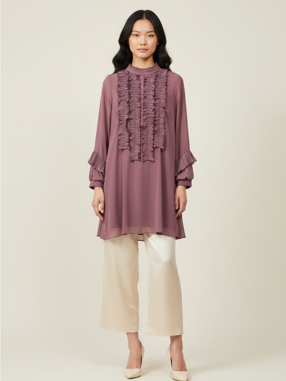 Ruffled High-Neck Tunic Top in Mauve